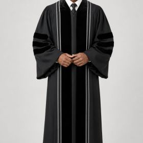 Sovereign Black Clergy Robe with Velvet Panels & White Piping