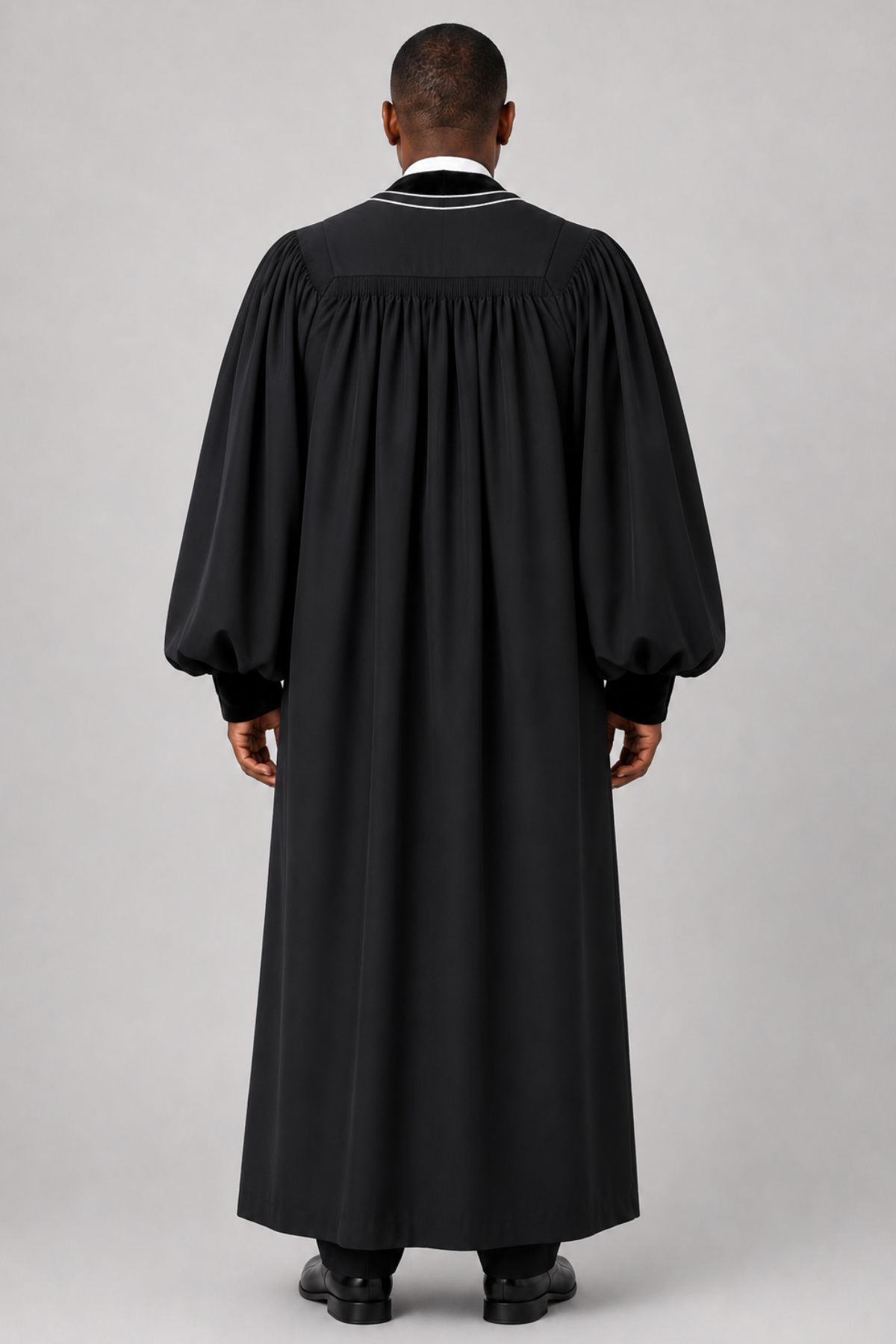 Sovereign Black Clergy Robe with Velvet Panels & White Piping Sovereign Black Clergy Robe with Velvet Panels & White Piping