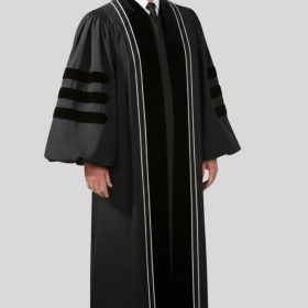 Sovereign Black Clergy Robe with Velvet Panels & White Piping