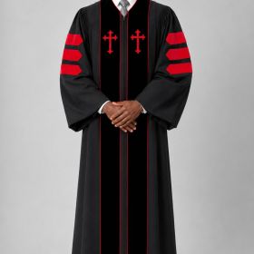 Vesper Black Pulpit Robe with Black Velvet Bars & Red Piping