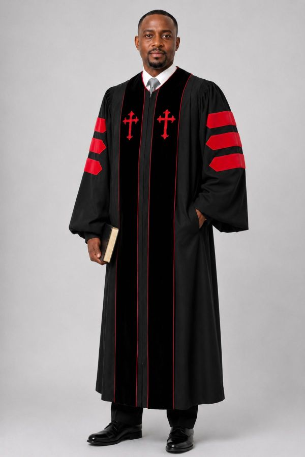 Vesper Black Pulpit Robe with Black Velvet Bars & Red Piping