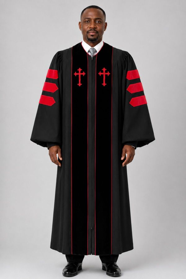 Vesper Black Pulpit Robe with Black Velvet Bars & Red Piping