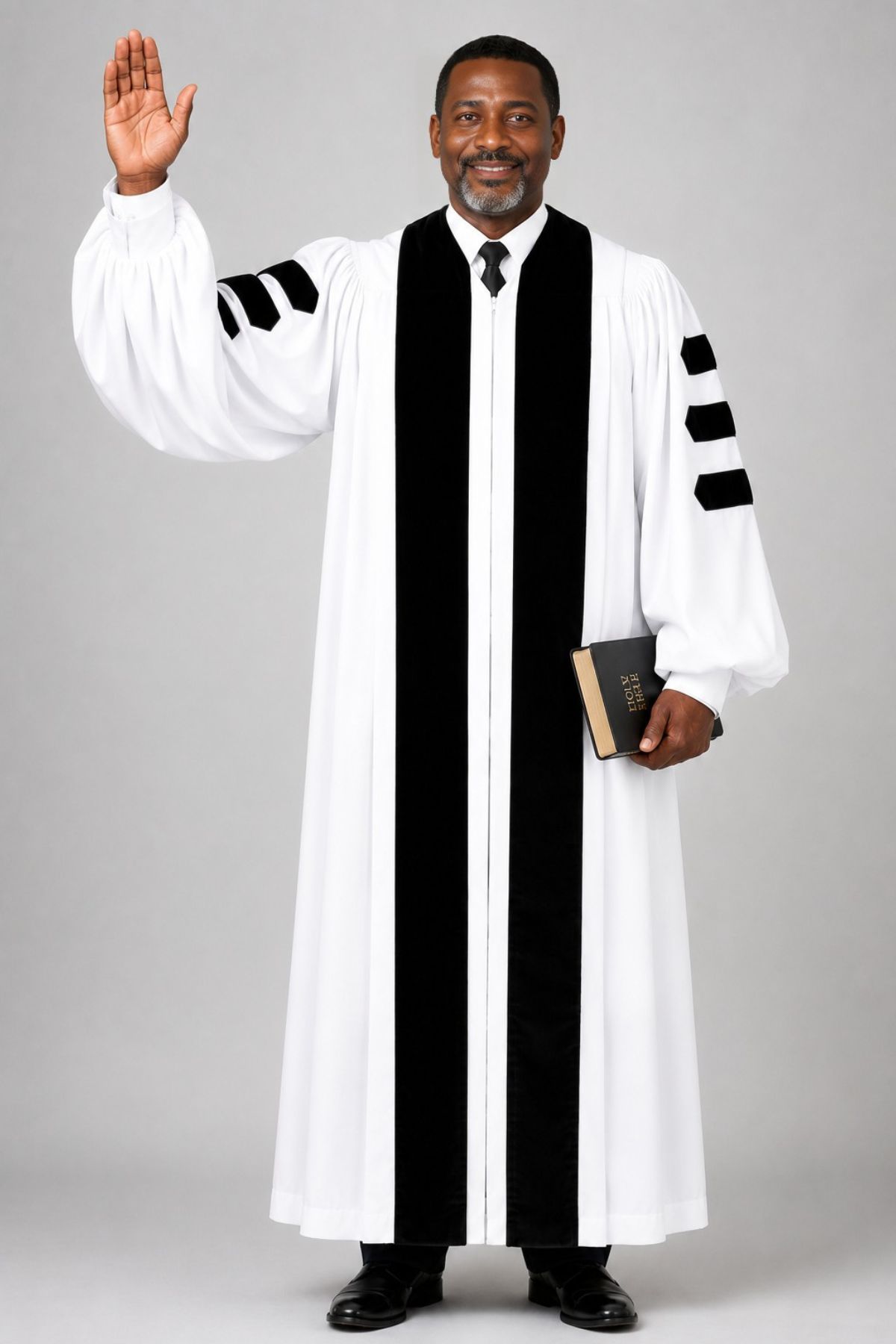White Pulpit Robe with Velvet Panel & Doctoral Bars (3) White Pulpit Robe with Velvet Panel & Doctoral Bars