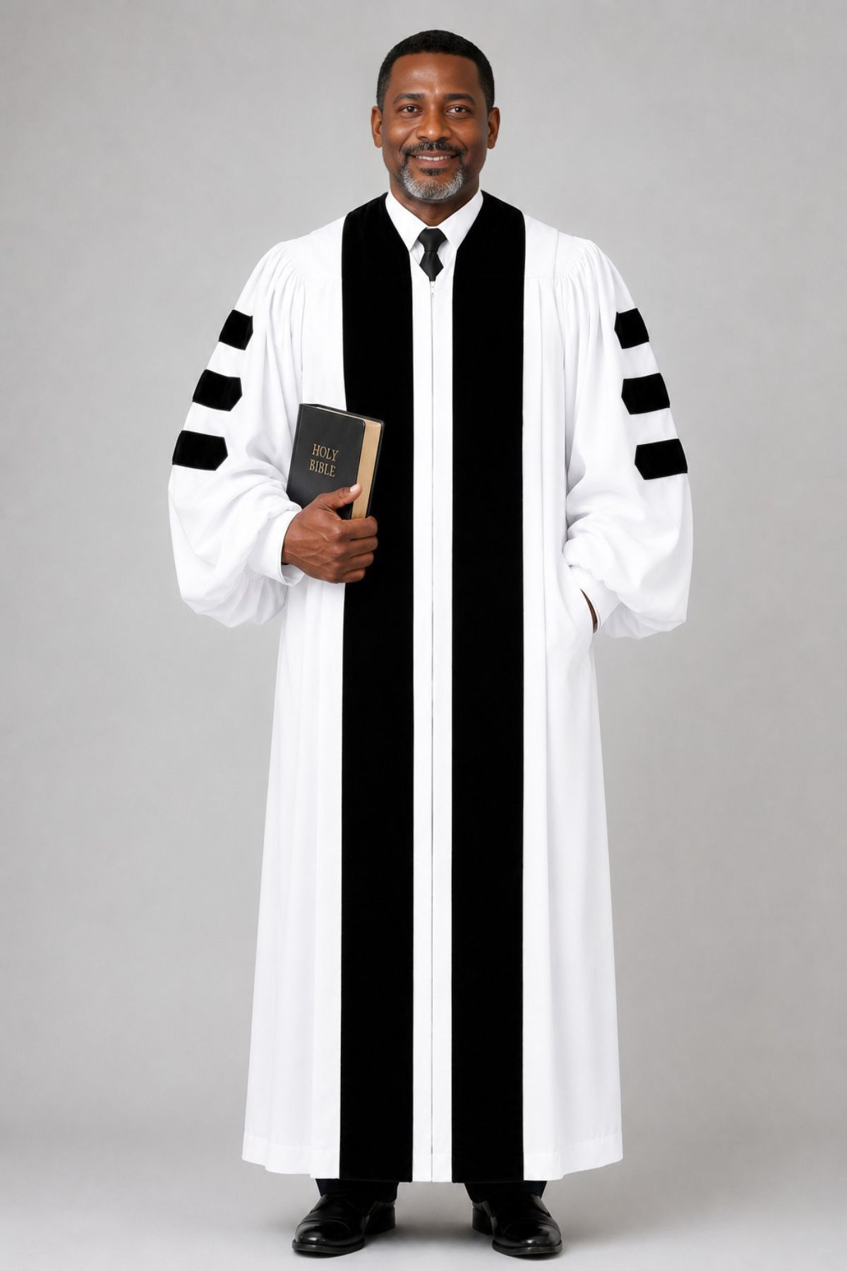 White Pulpit Robe with Velvet Panel & Doctoral Bars (4) White Pulpit Robe with Velvet Panel & Doctoral Bars