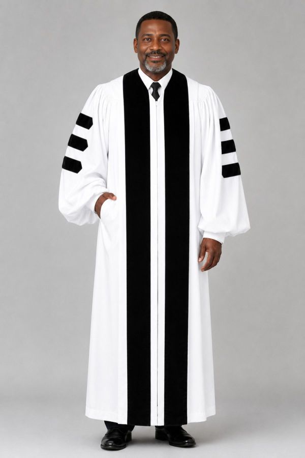 White Pulpit Robe with Velvet Panel & Doctoral Bars