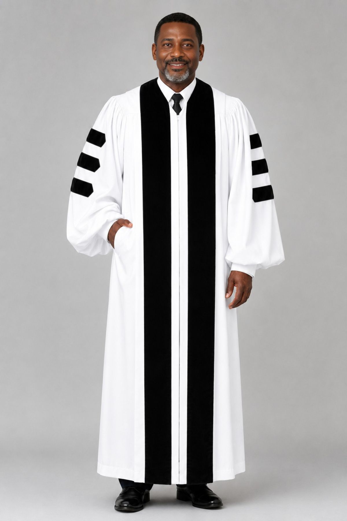 White Pulpit Robe with Velvet Panel & Doctoral Bars (5) White Pulpit Robe with Velvet Panel & Doctoral Bars