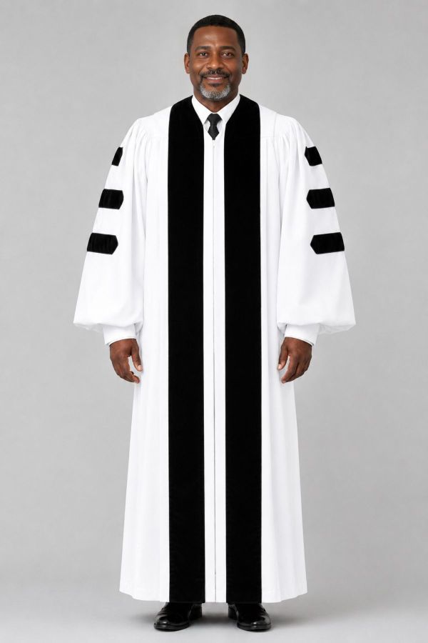 White Pulpit Robe with Velvet Panel & Doctoral Bars