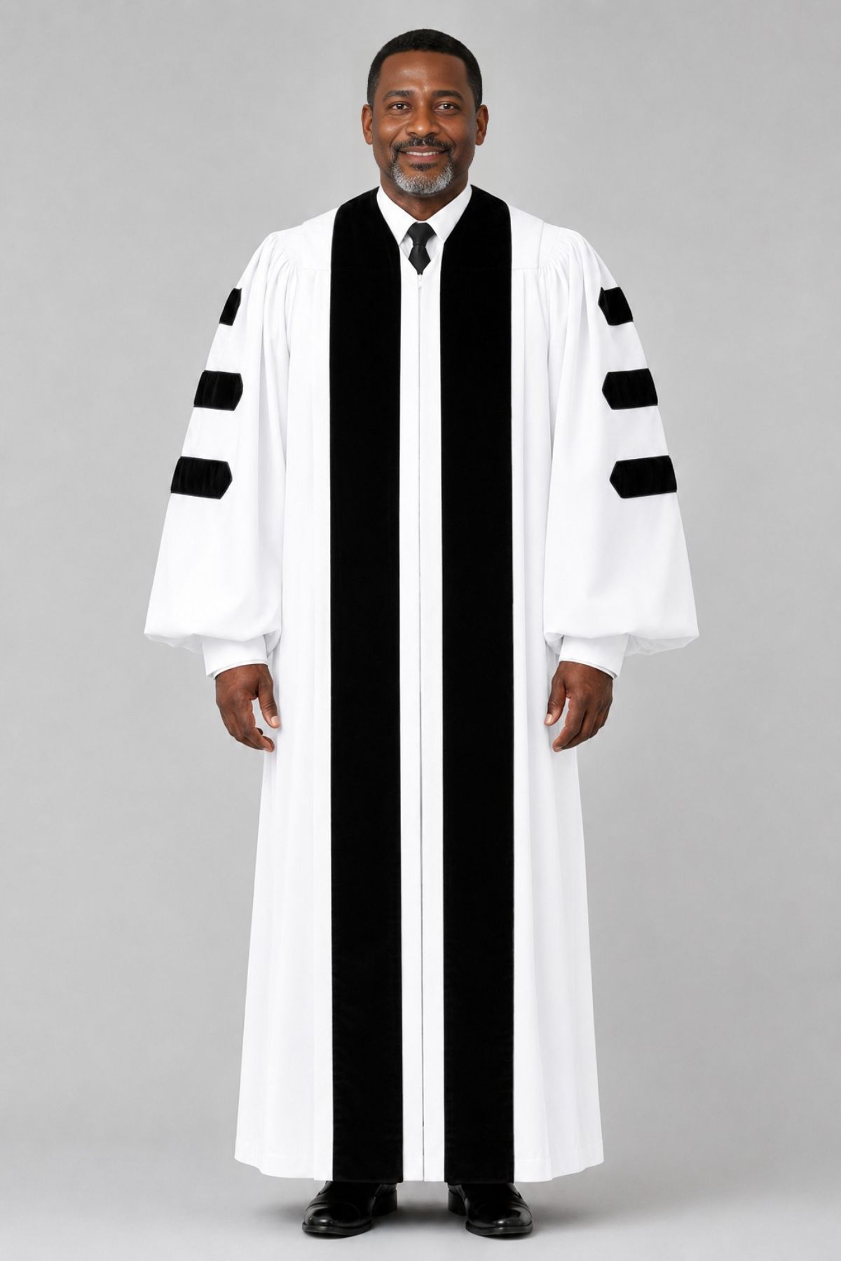 White Pulpit Robe with Velvet Panel & Doctoral Bars (6) White Pulpit Robe with Velvet Panel & Doctoral Bars