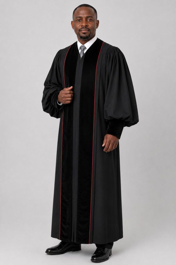 Zion Black Pulpit Robe With Velvet Panels & Red Trim