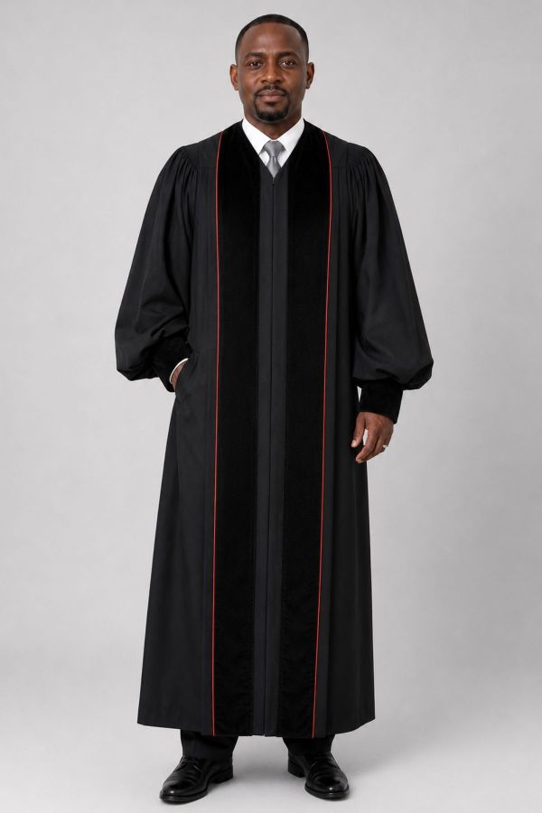 Zion Black Pulpit Robe With Velvet Panels & Red Trim