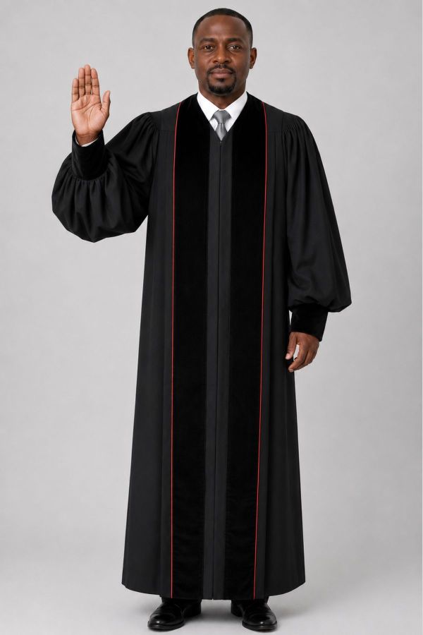 Zion Black Pulpit Robe With Velvet Panels & Red Trim