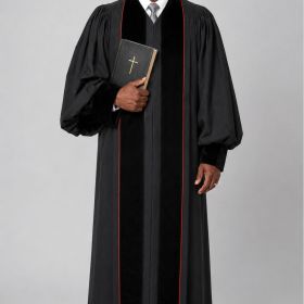 Zion Black Pulpit Robe With Velvet Panels & Red Trim