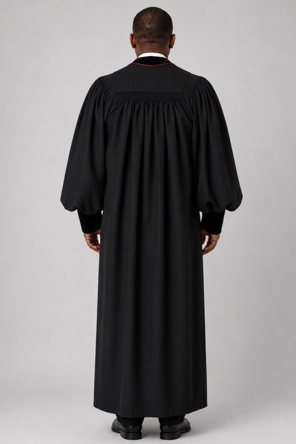 Zion Black Pulpit Robe With Velvet Panels & Red Trim
