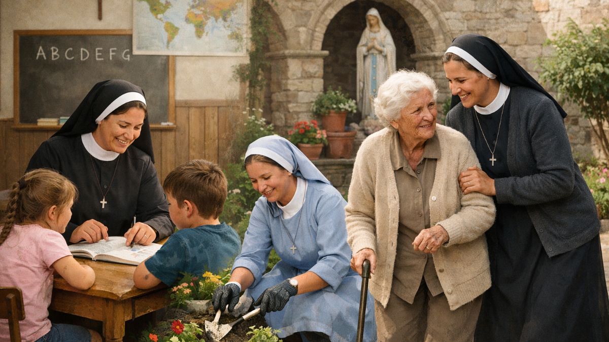 A group of nuns wearing traditional habits, interacting with children and an elderly woman. One nun is teaching children in a classroom setting, while another is helping in the garden. The nuns' caring roles exemplify the spiritual and service-oriented life they lead, in line with the traditions of the religious order.