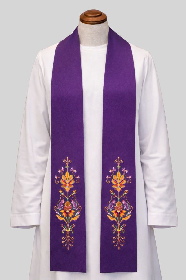 Ecclesial Clergy Stole with Embroidery Roman Purple
