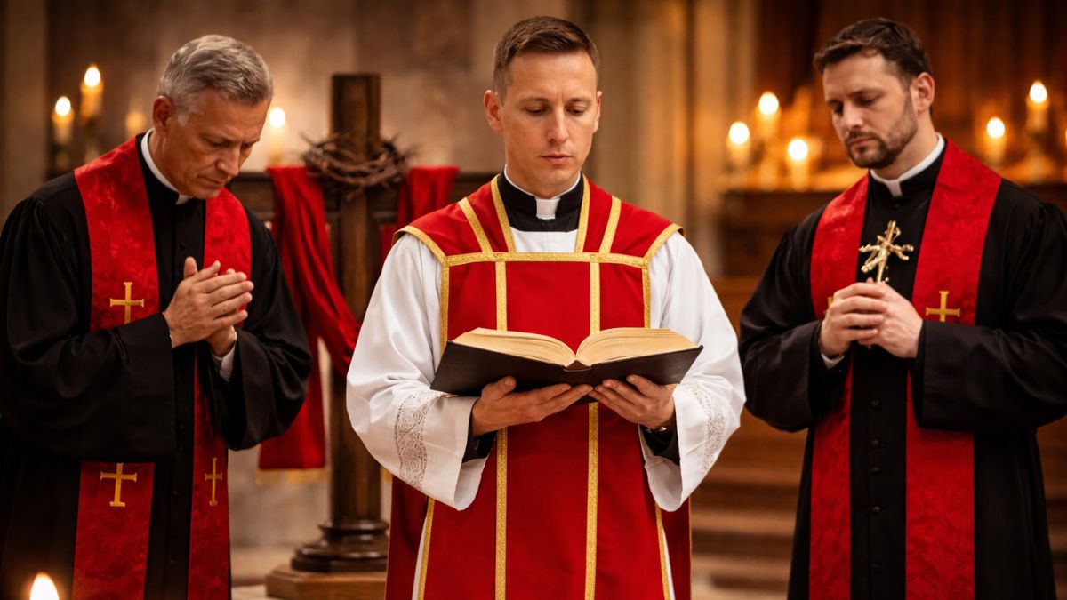 Three Catholic priests in red and gold vestments stand in prayer before a cross during Good Friday services, with soft candlelight illuminating the scene