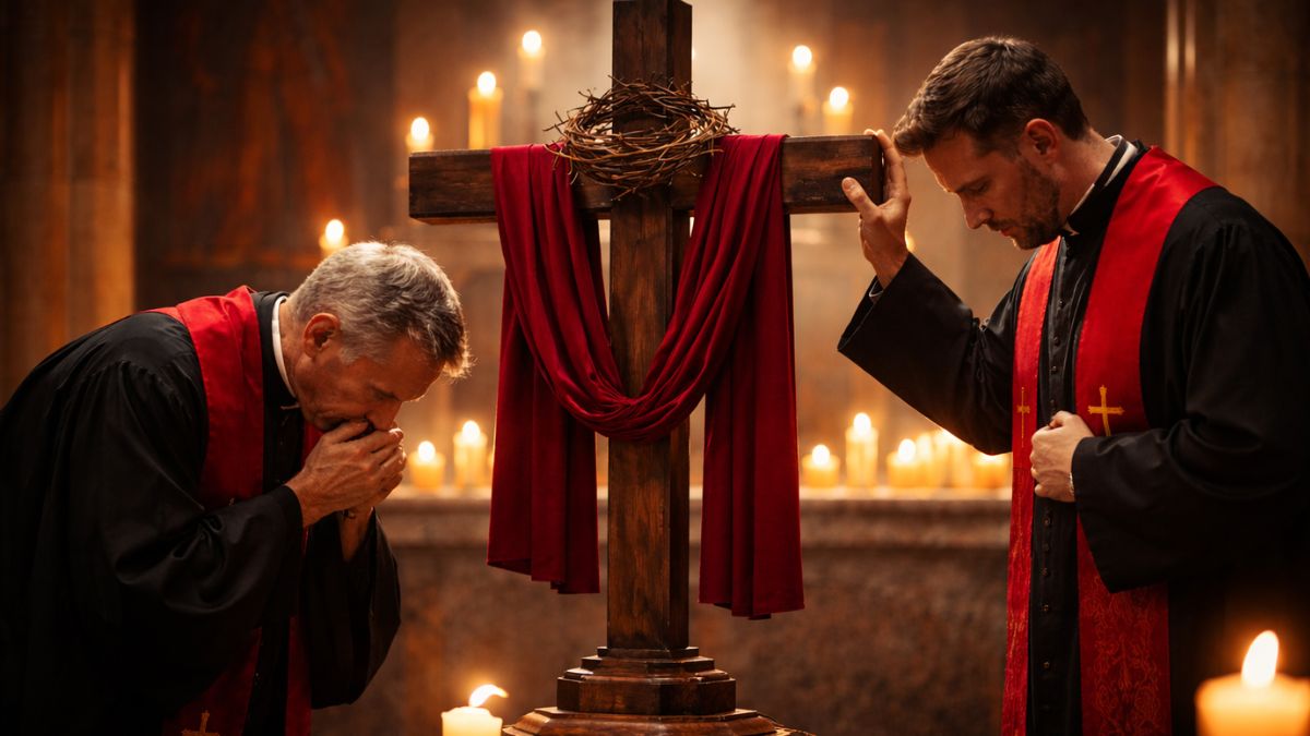 Two Catholic priests in red vestments, one kneeling in prayer and the other standing with his hand on a cross draped in red cloth, illuminated by candlelight during Good Friday services