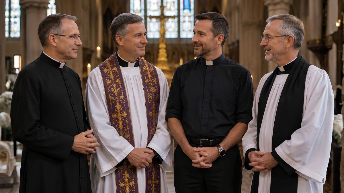 Group of clergy wearing traditional Catholic priest outfit and liturgical vestments inside a historic cathedral.