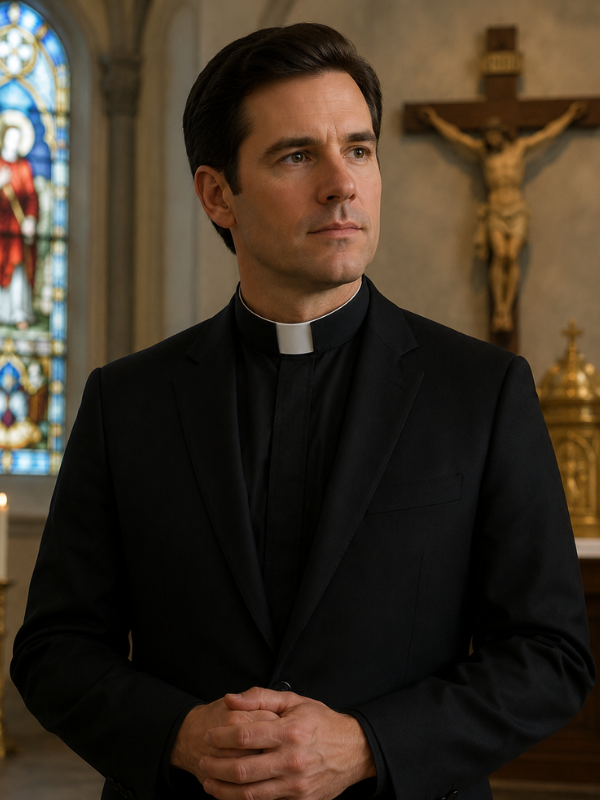 Pastor in clerical attire greeting church congregation