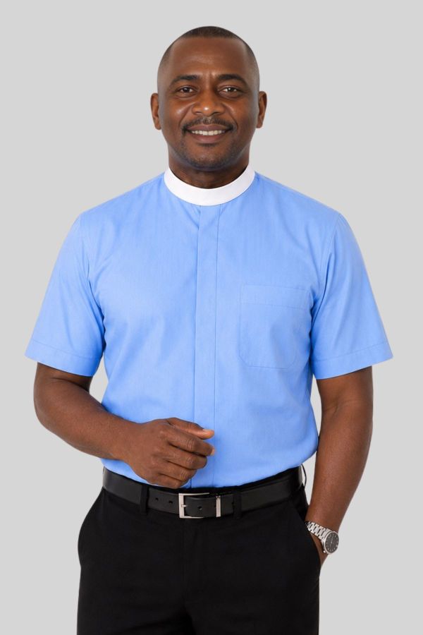 Sky Blue Neckband Clergy Shirt for Priests