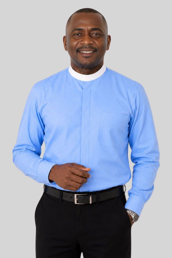 Sky Blue Neckband Clergy Shirt for Priests