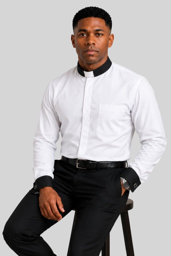 White Tab Collar Clergy Shirt with Black Collar & French Cuffs