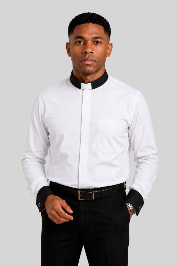 White Tab Collar Clergy Shirt with Black Collar & French Cuffs