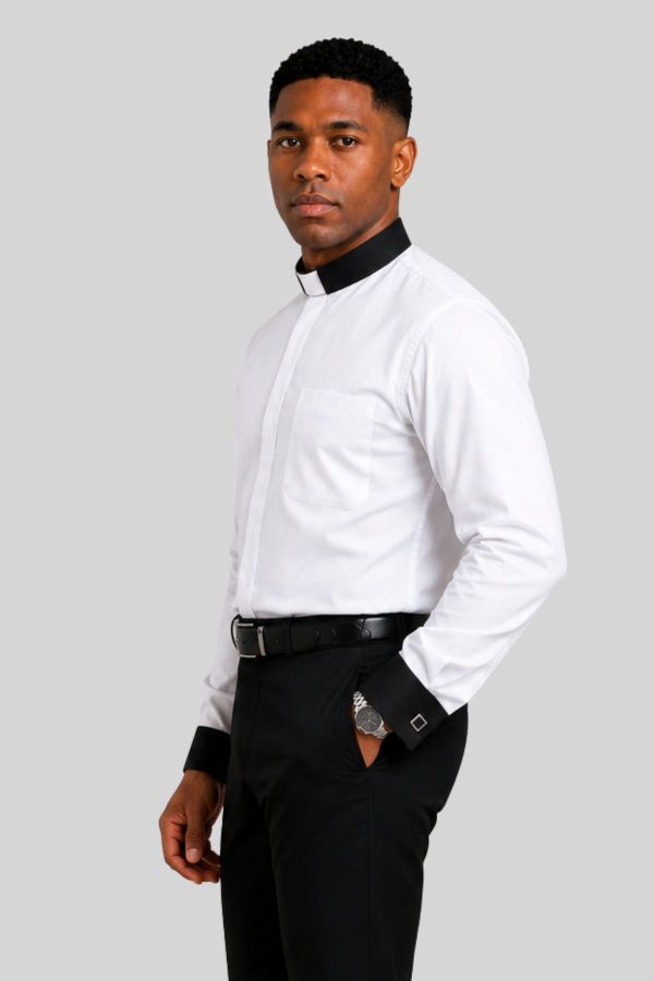 White Tab Collar Clergy Shirt with Black Collar & French Cuffs