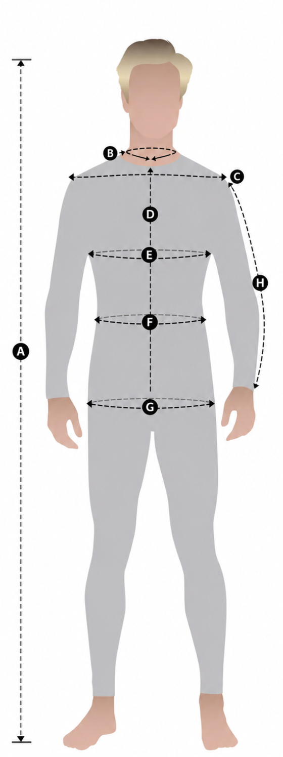 Clergy wear measurement diagram with markers for height, neck, shoulder, back length, chest, waist, hip and sleeve