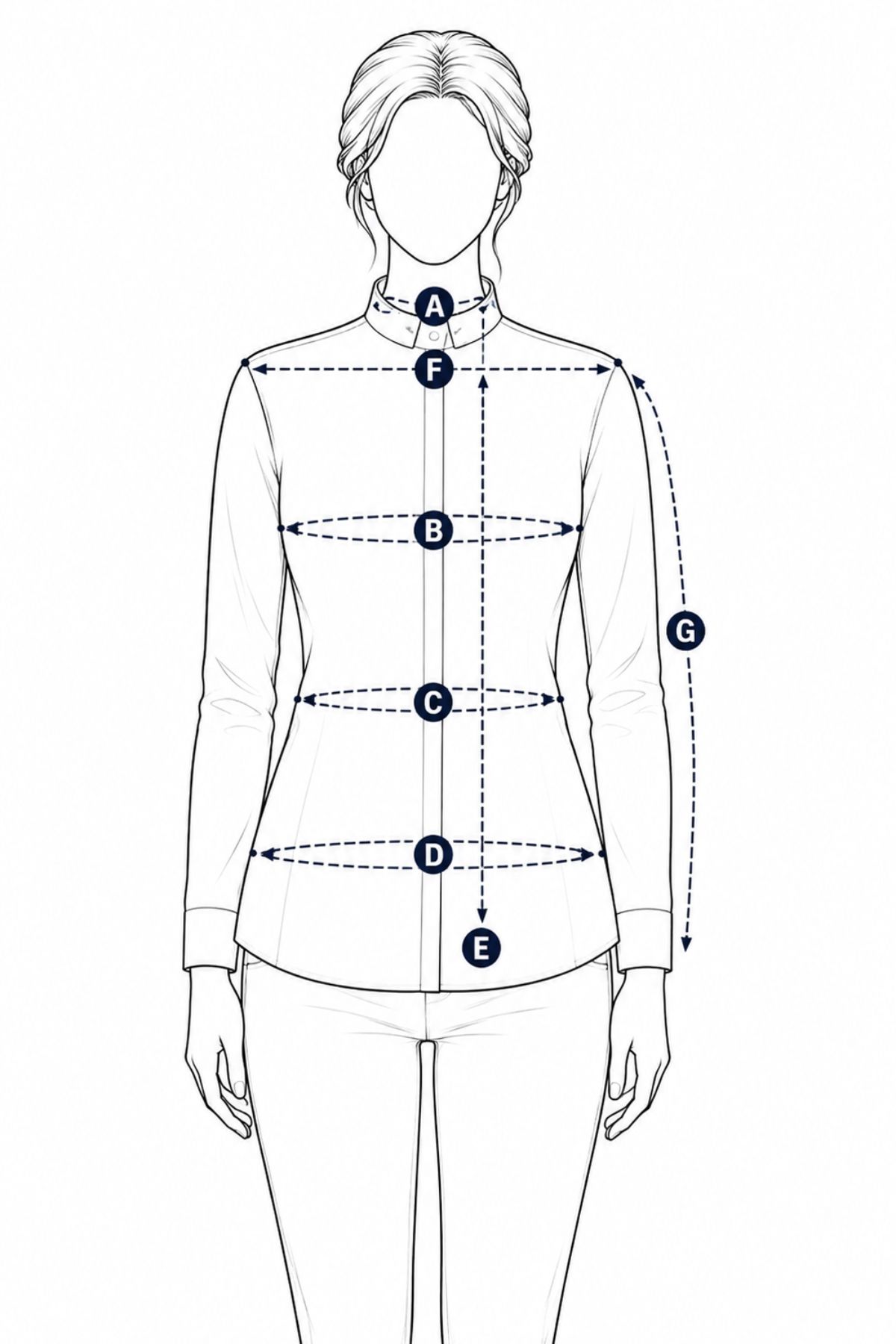 Clergy dress shirt measurement diagram with markers for collar, chest, waist, hip, length, shoulder, sleeve, armhole and cuff