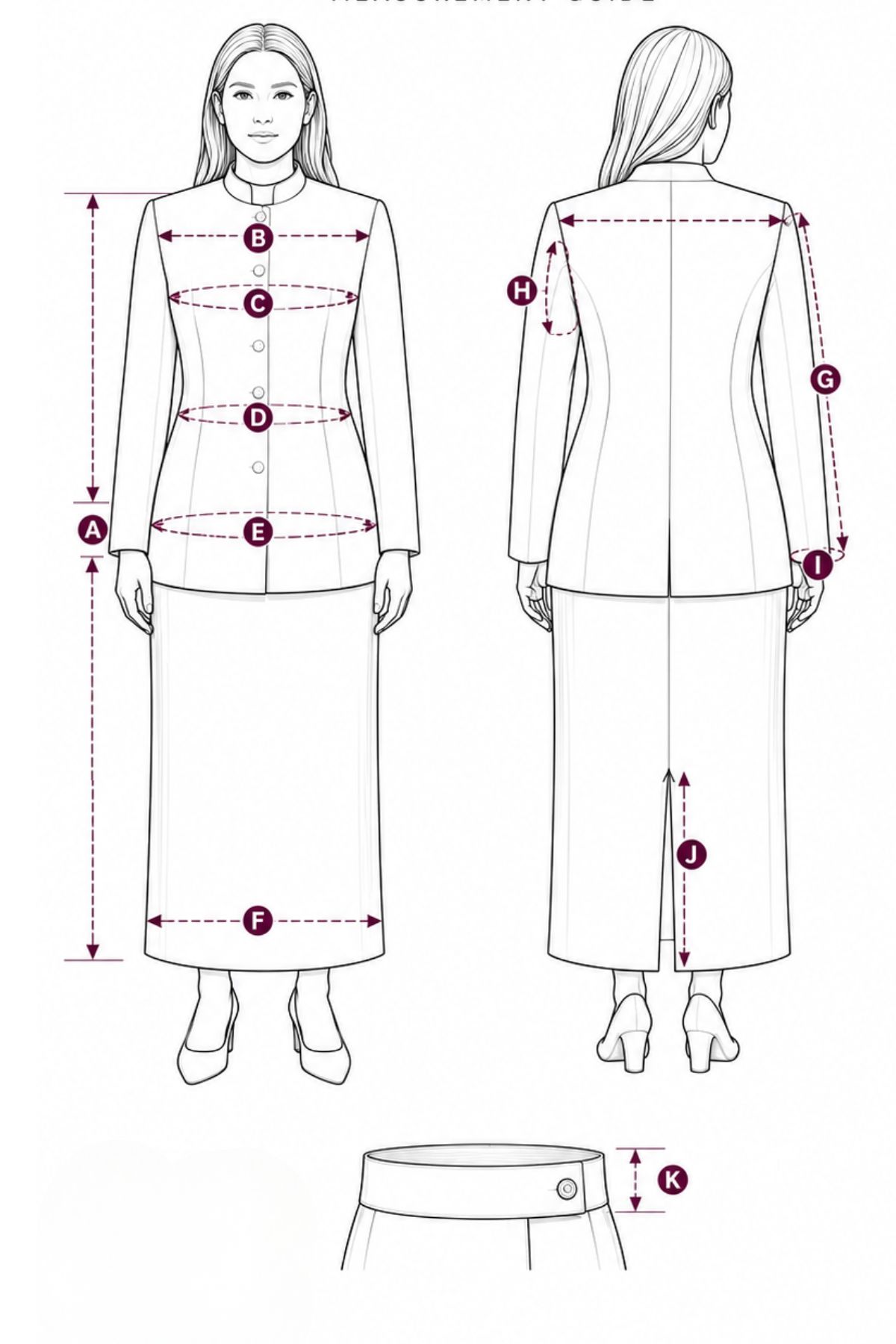 Clergy dress shirt measurement diagram with markers for collar, chest, waist, hip, length, shoulder, sleeve, armhole and cuff