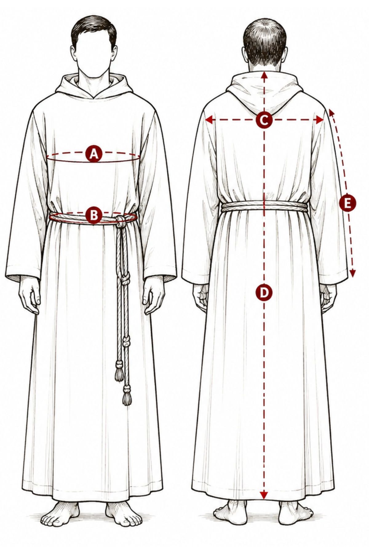 Clergy vest measurement diagram with markers for chest, waist, shoulder and vest length