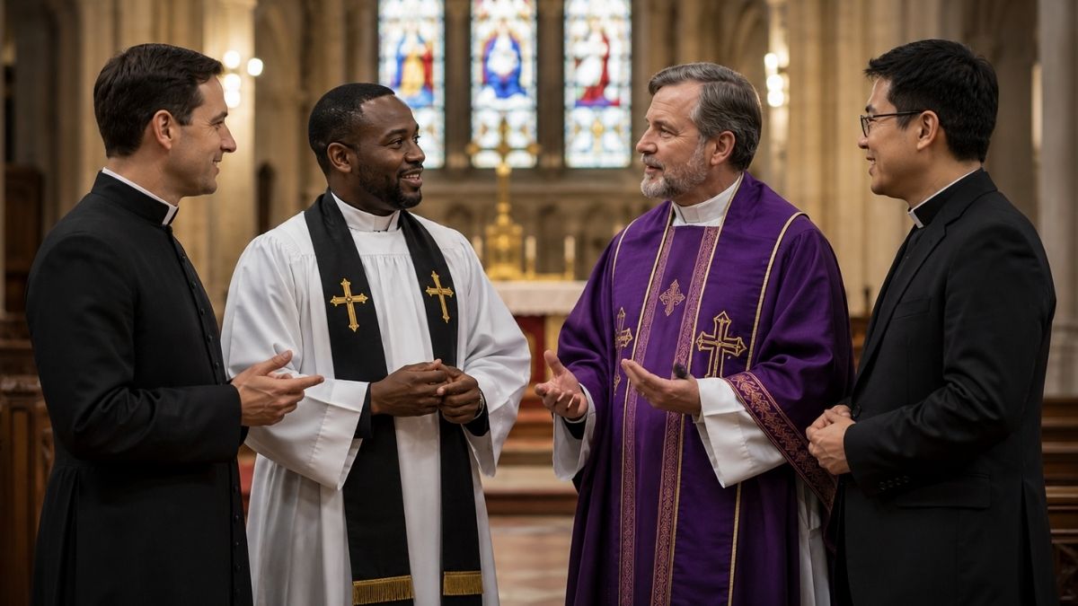 Four clergy members talking in a church, dressed in a cassock, white robe with stole, purple robe and clergy suit