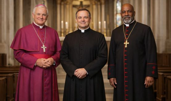 Three clergy members wearing cassocks standing together inside a church. The first clergy member wears a purple cassock, while the other two wear black cassocks with red trim, each adorned with crosses.