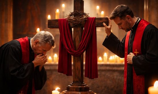 Two Catholic priests in red vestments, one kneeling in prayer and the other standing with his hand on a cross draped in red cloth, illuminated by candlelight during Good Friday services